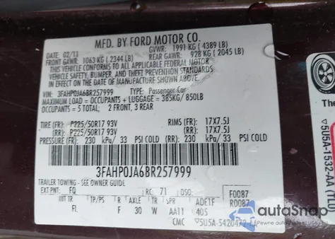 2011 Ford Fusion Sel из США, поврежденный, VIN 3FAHP0JA6BR257999